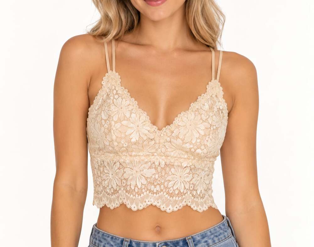 Boutique Beige Pink Floral Lace Bralette Crop Top Double Strap Cami